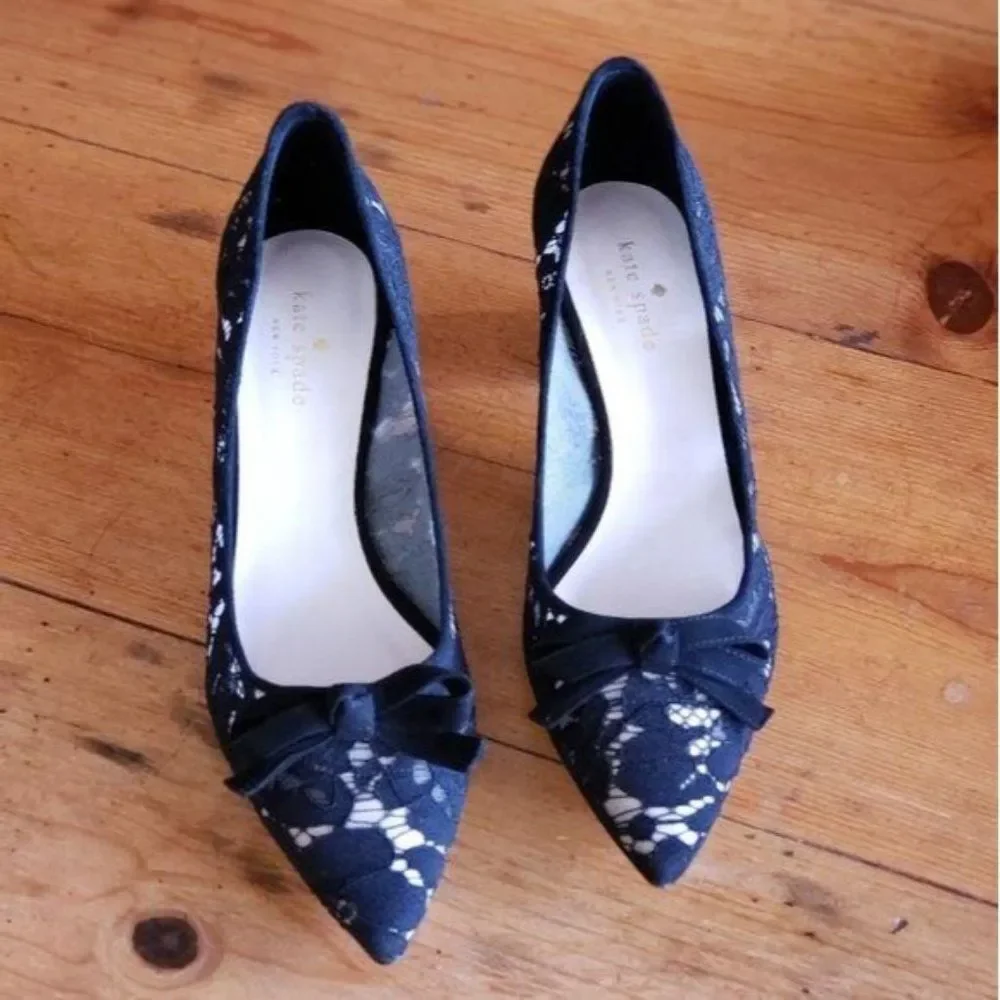 Kate Spade Lace Leather & Suede Pointy Toe Block Heel Shoes Black Size 8